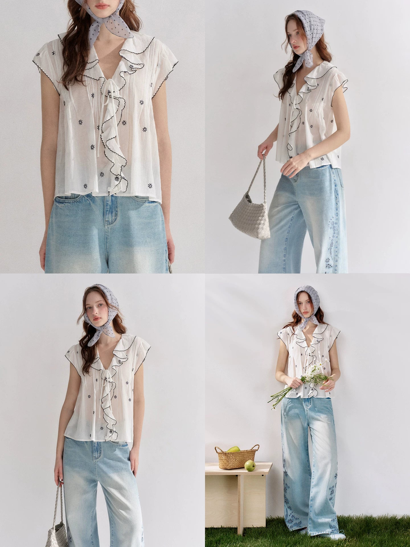 Lace Trim Ruffle V-Neck Blouse