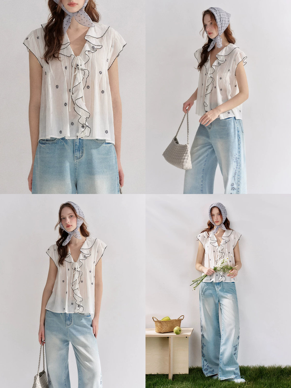 Lace Trim Ruffle V-Neck Blouse