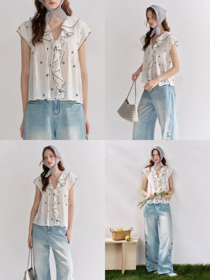 Lace Trim Ruffle V-Neck Blouse