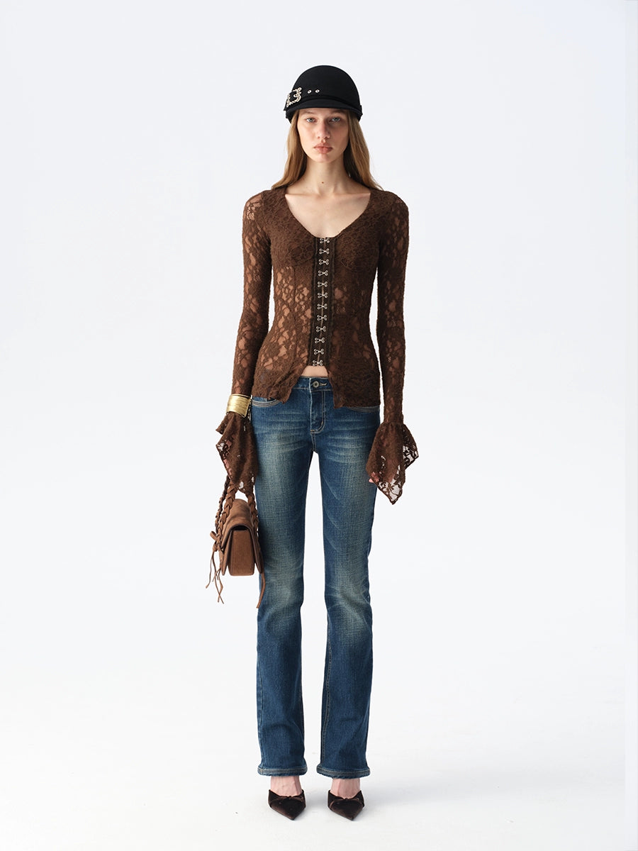 Lace Button Flare-Sleeve Top