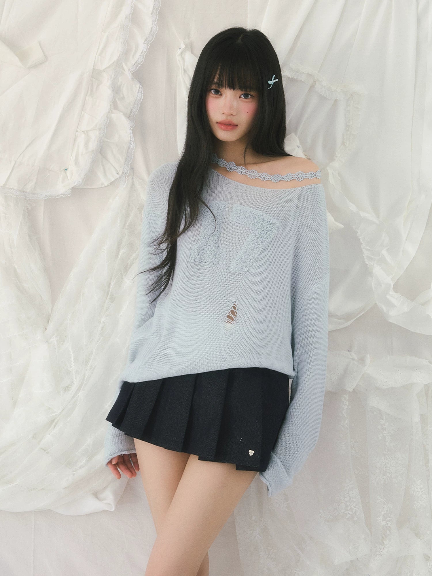 Number Printed Jacquard Off-Shoulder Top