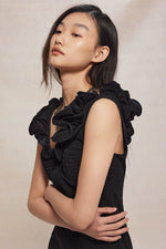 Black Ruffled V-neck Denim Dress
