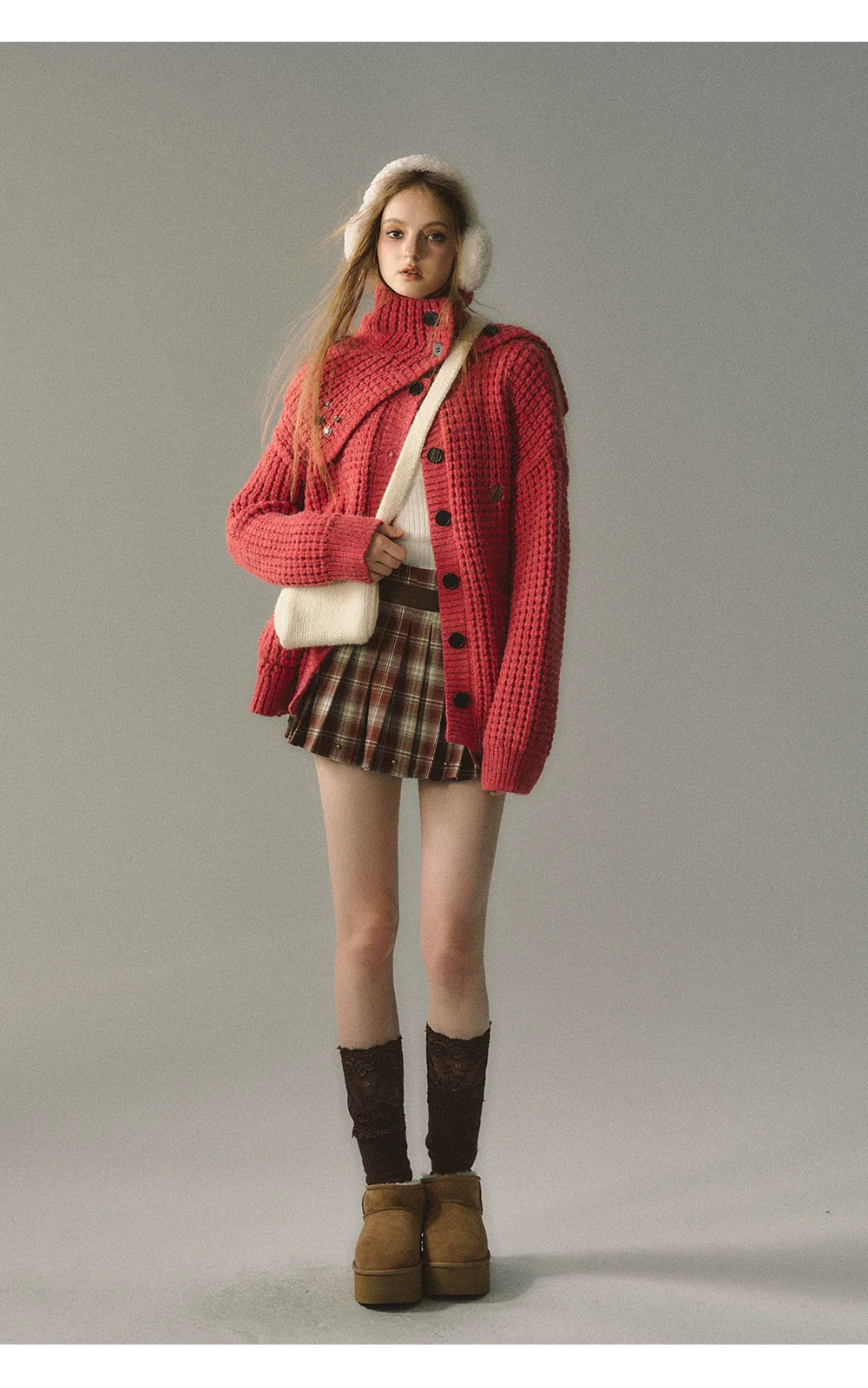 Red &amp; Coffee Plaid Pleated Mini Skirt