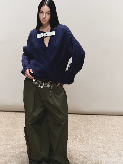 Wool V-Neck Buckle-Panel Sweater