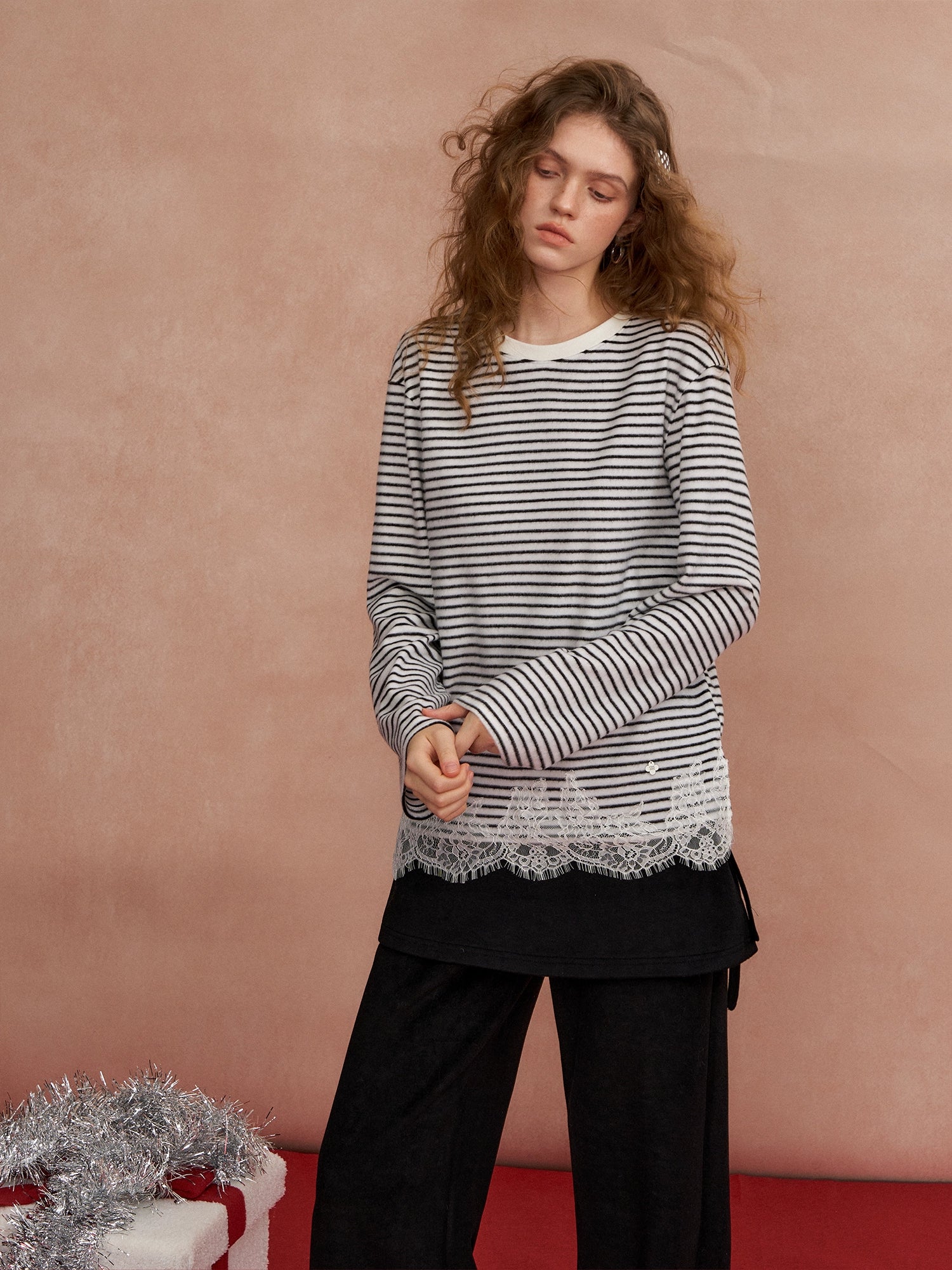 Lace Panel Fuzzy Stripe Tee