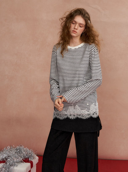 Lace Panel Fuzzy Stripe Tee
