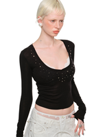Deep V-Neck Studded Rhinestone Top
