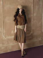 Satin Pleated A-Line Skirt Leather Jacket Set