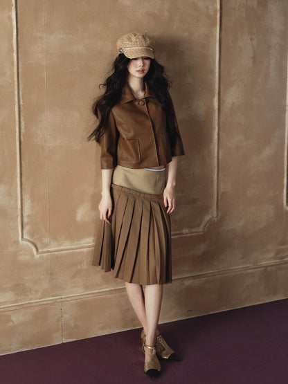 Satin Pleated A-Line Skirt Leather Jacket Set