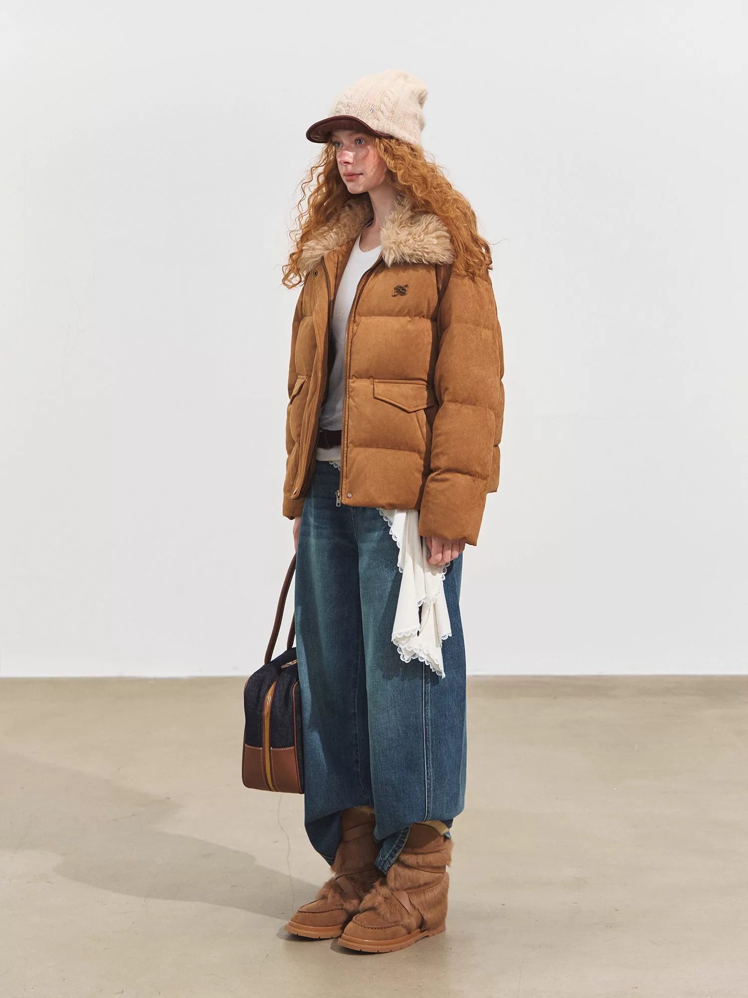 Faux Suede Fur Collar Down Jacket