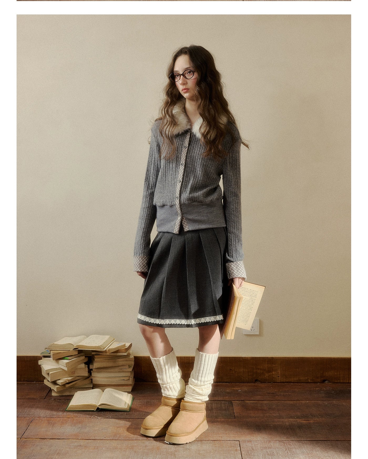 Fur-Collar Plaid Knit Cardigan