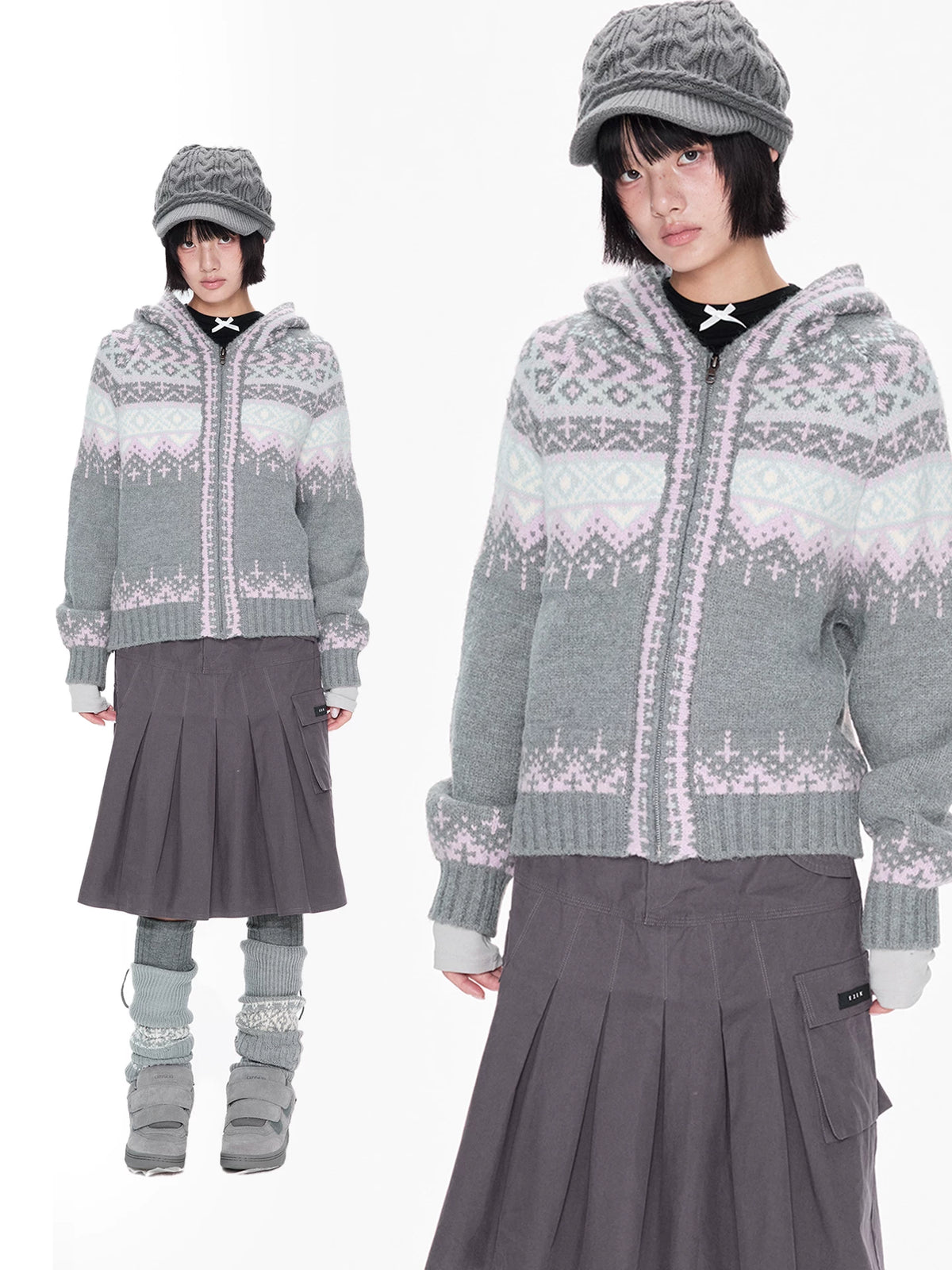 Gray Hooded Zip Knit Cardigan