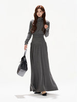 Half-High Collar Ruched A-Line Maxi Dress