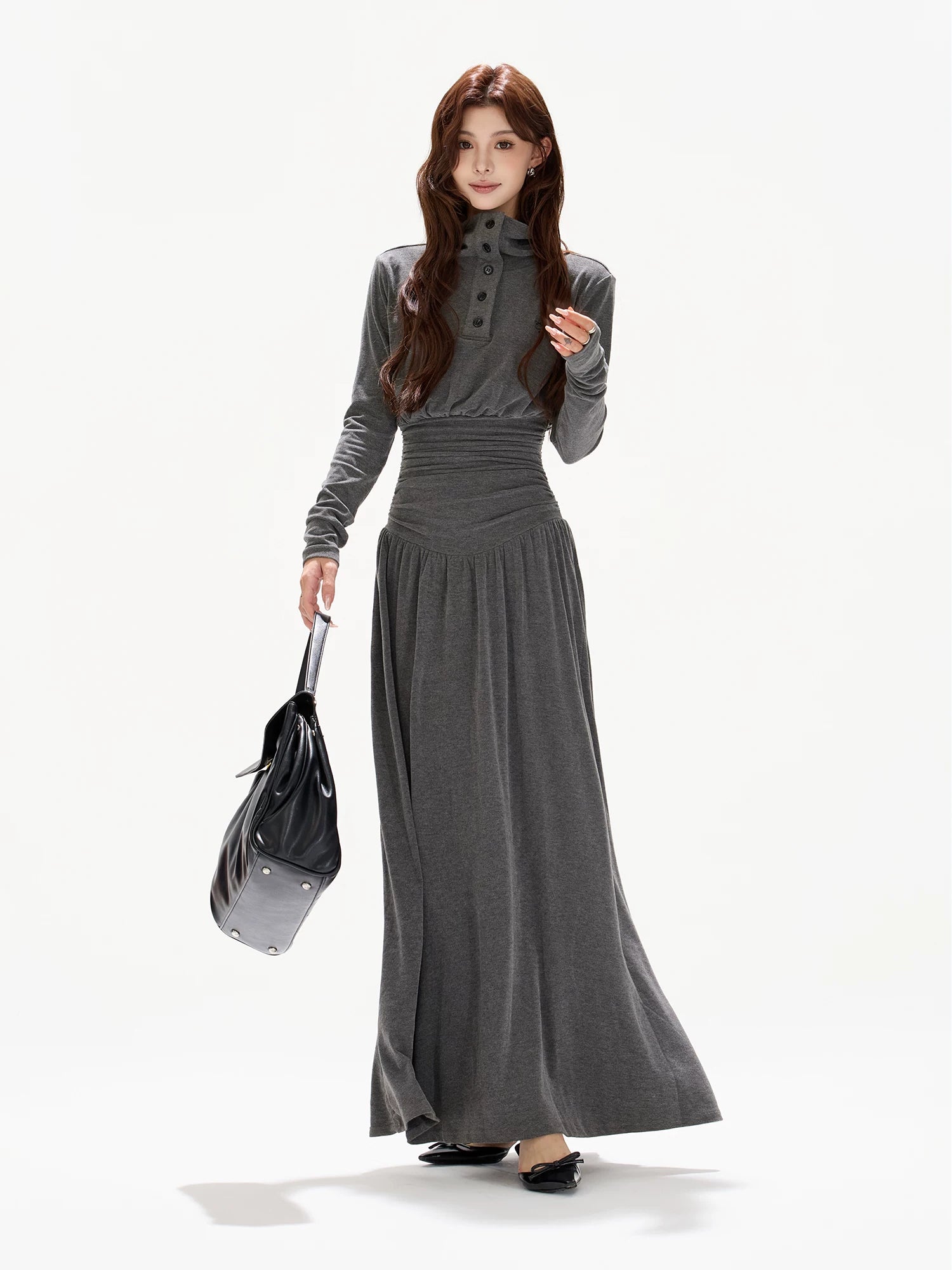Half-High Collar Ruched A-Line Maxi Dress