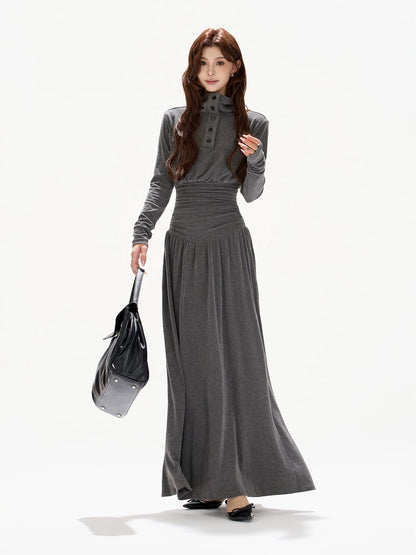 Half-High Collar Ruched A-Line Maxi Dress