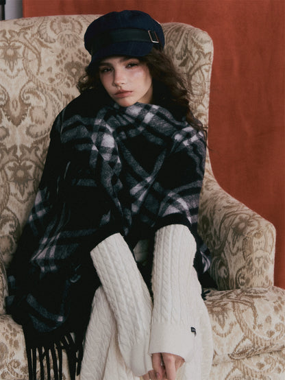Retro Check Tassel Cape Scarf
