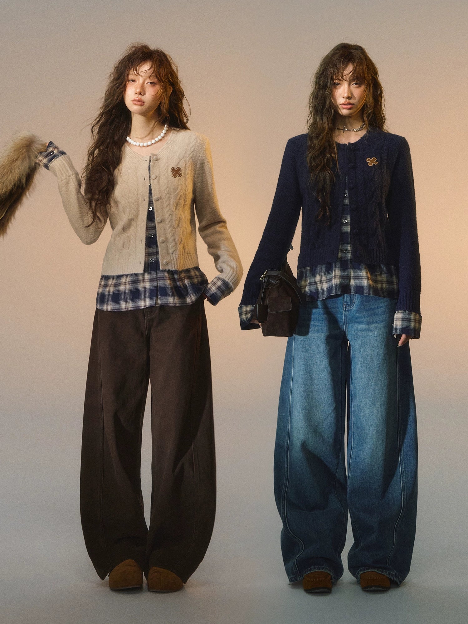 Plaid Layered Cable Cardigan