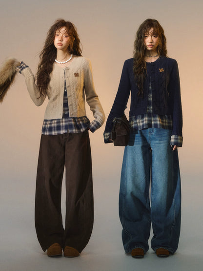 Plaid Layered Cable Cardigan