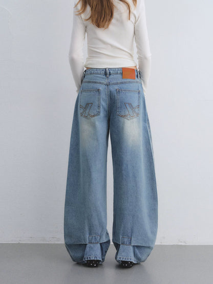 Blue Rhinestone Curved Leg Jeans