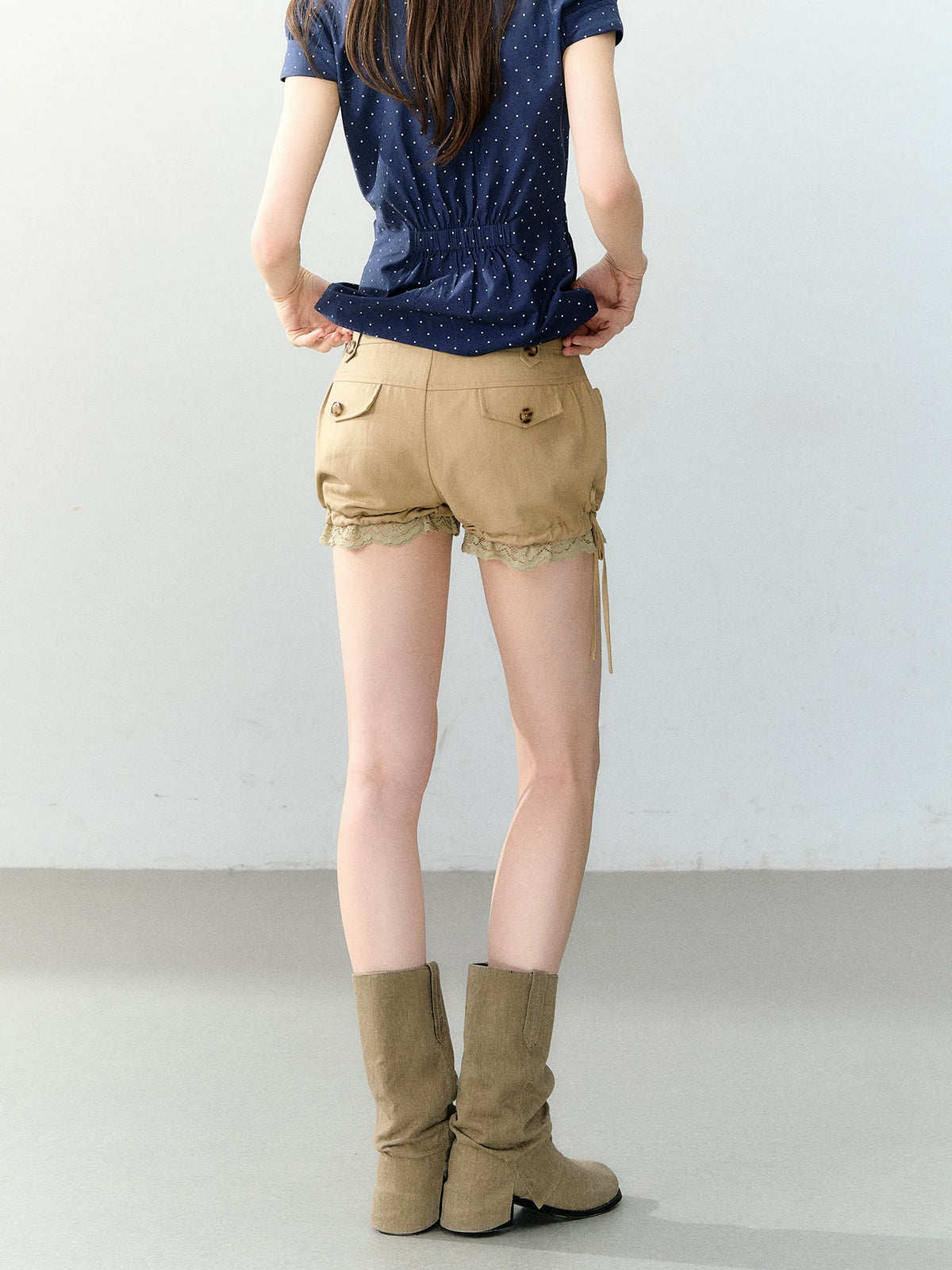 Khaki Lace Trim Balloon Shorts
