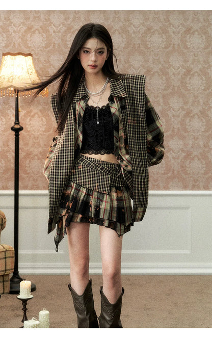 Washed Distressed Plaid Shirt &amp; Skirt Set