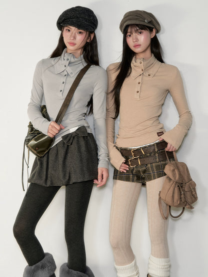 Drape-Neck Slim Knit Top