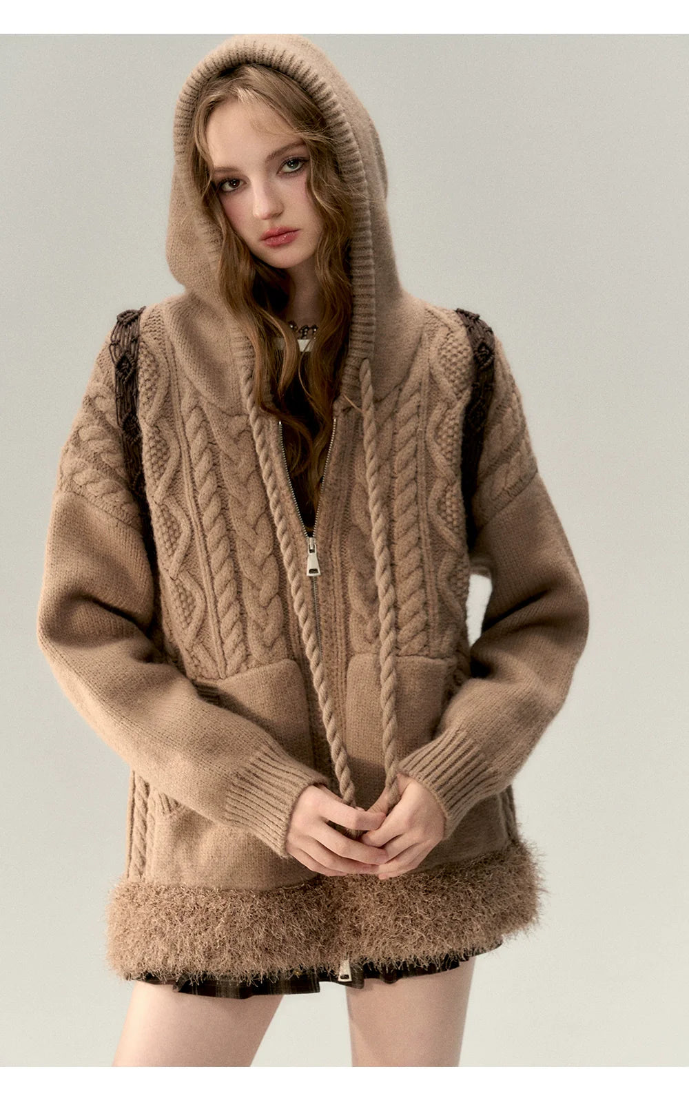 Off-white &amp; Khaki Twisted Knit Hooded Sweater