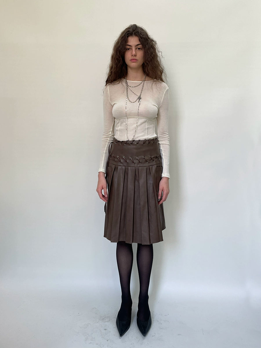 Brown Eyelet Lace-up Pleated Leather Skirt