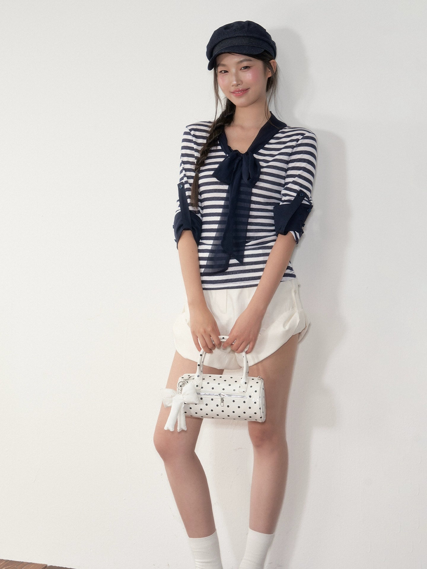 Striped Ribbon Cuffed T-shirt