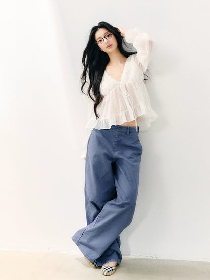 White Ruffle V-neck Blouse