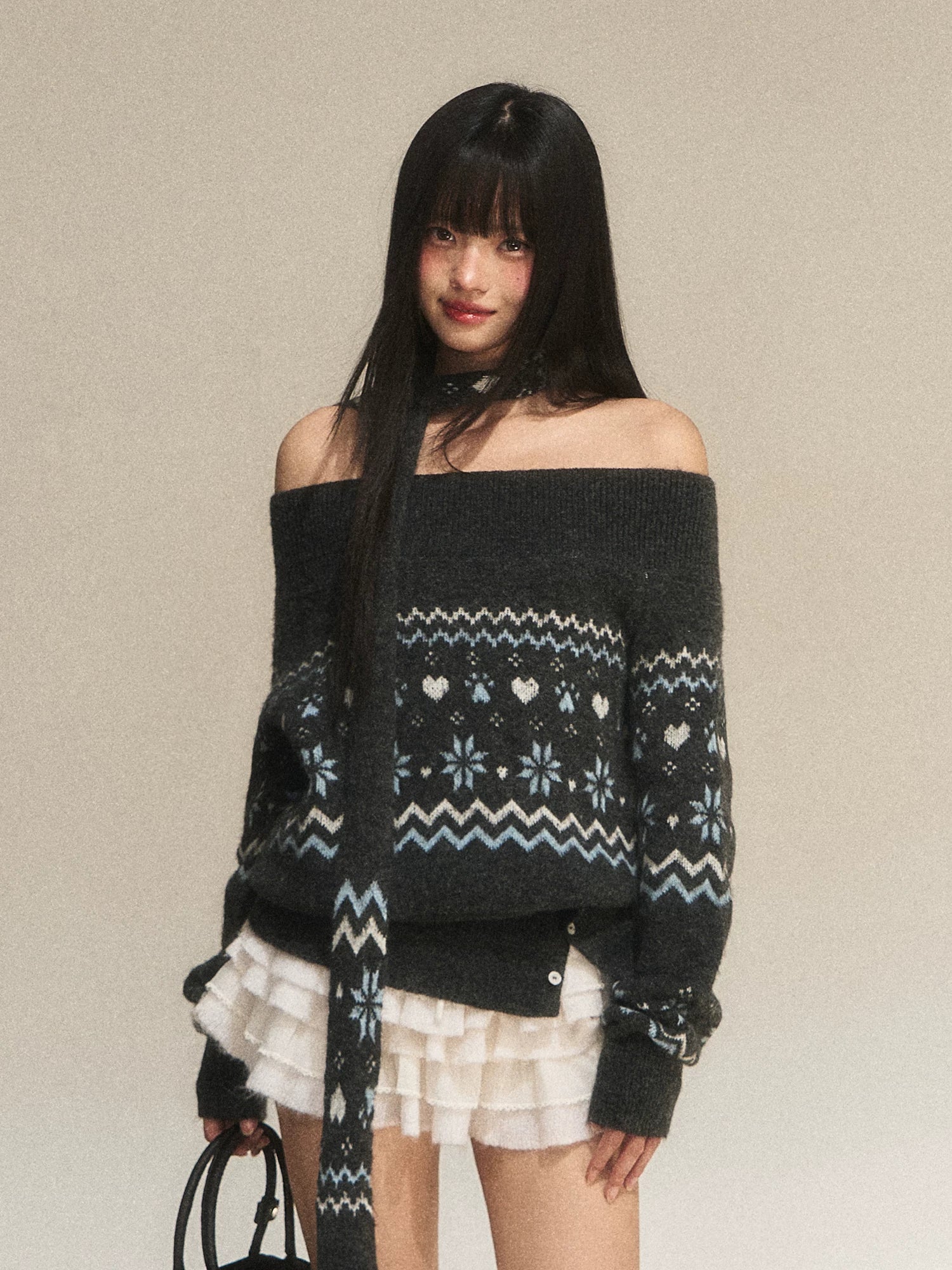 Gray Fair Isle Off-Shoulder Knit Sweater