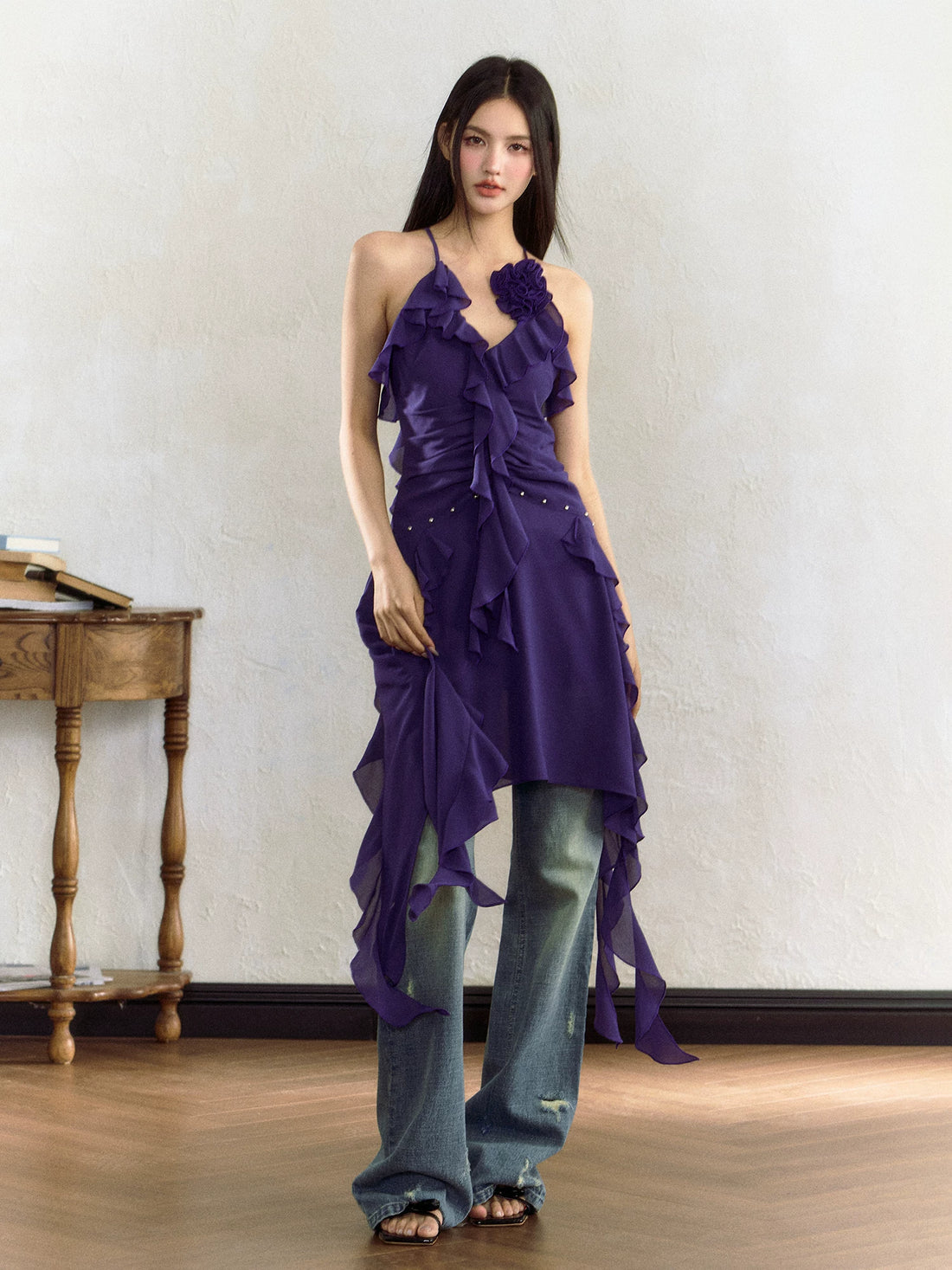 Rose Ruffle Irregular Hem Camisole Dress