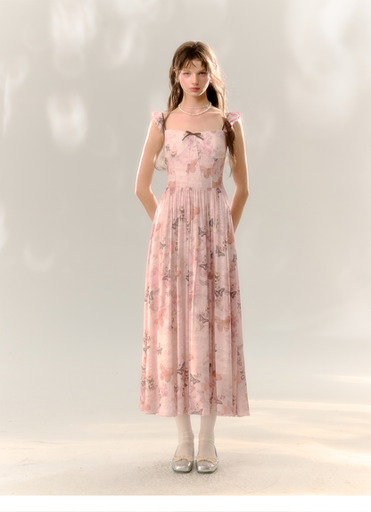 Pink Butterfly Print Square Neckline Dress