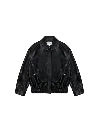 Black Turn-Down Collar Leather Jacket