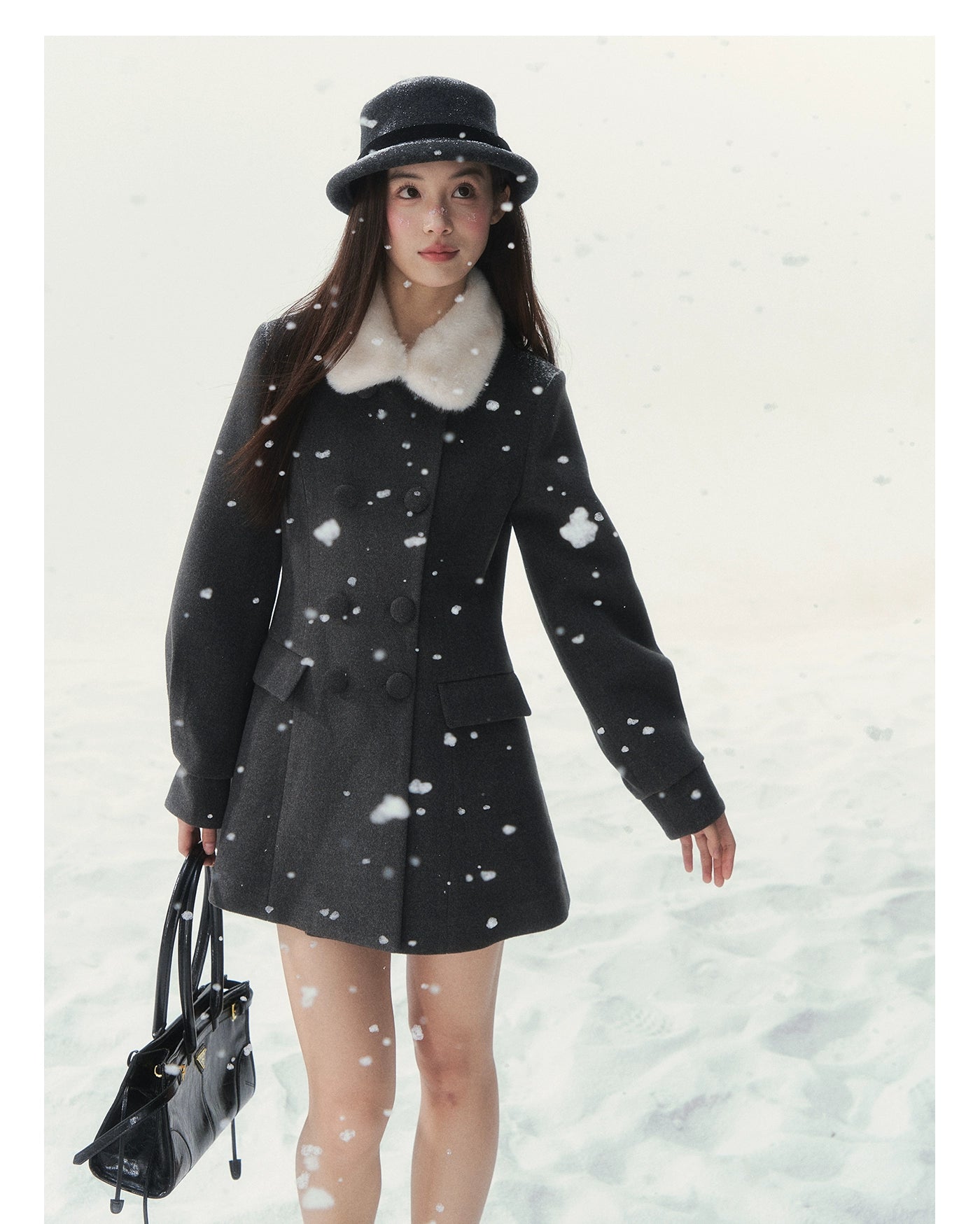 Double-Breasted Fur-Collar Coat Set