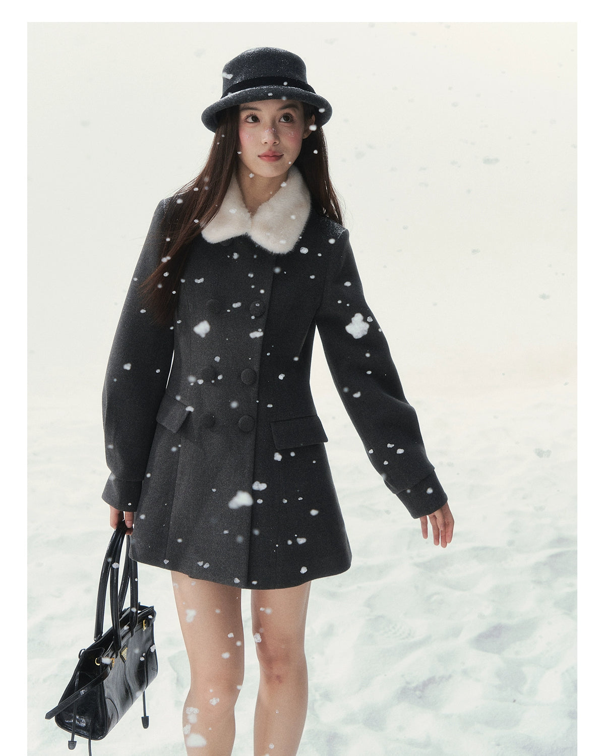 Double-Breasted Fur-Collar Coat Set