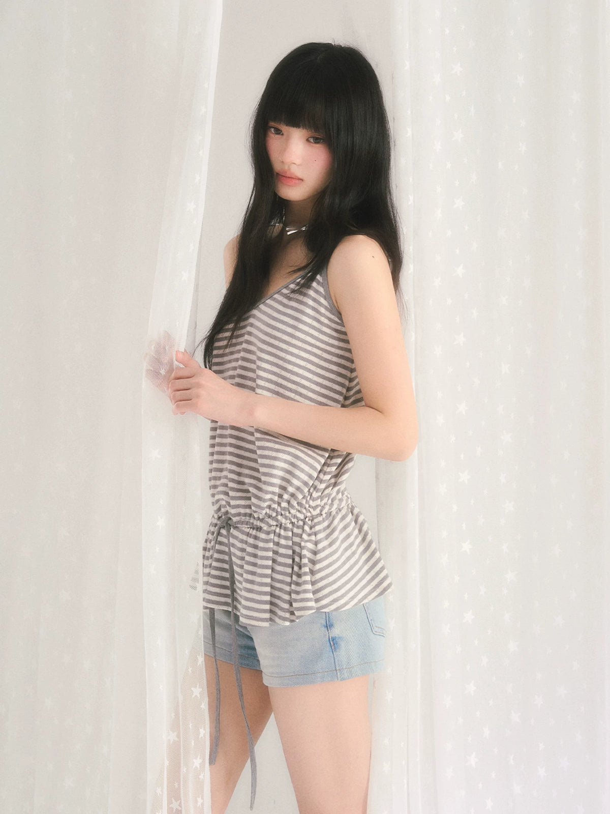 Gray Stripe Drawstring Top