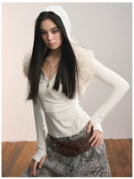 Cross Neck Hooded Slim-Fit Knit Top