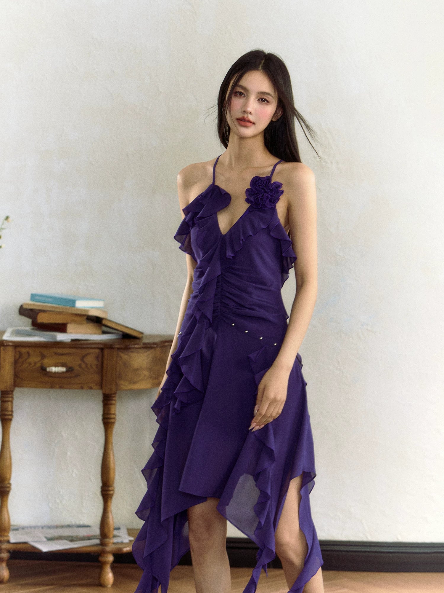 Rose Ruffle Irregular Hem Camisole Dress