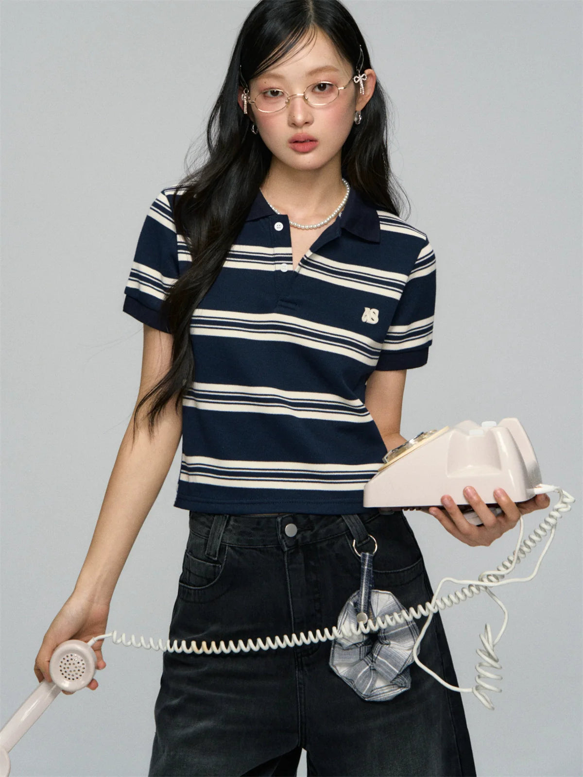 Polo-Collar Striped Color-Blocking T-shirt
