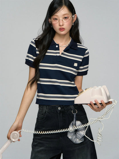 Polo-Collar Striped Color-Blocking T-shirt