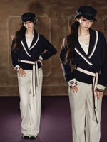 Color-Block Collared Tie-Waist Sweater