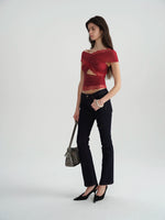 Two-Tone Mesh Lace Cross-Front Blouse