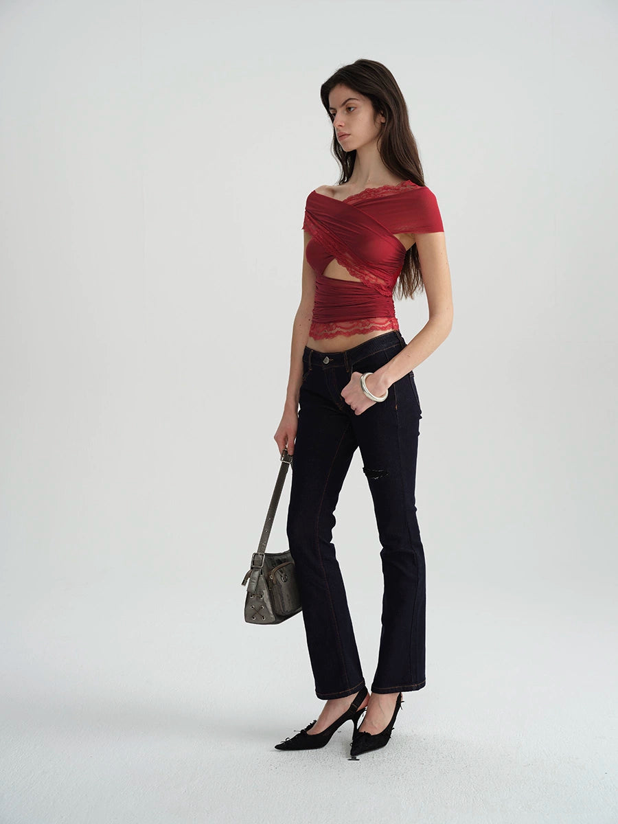 Two-Tone Mesh Lace Cross-Front Blouse