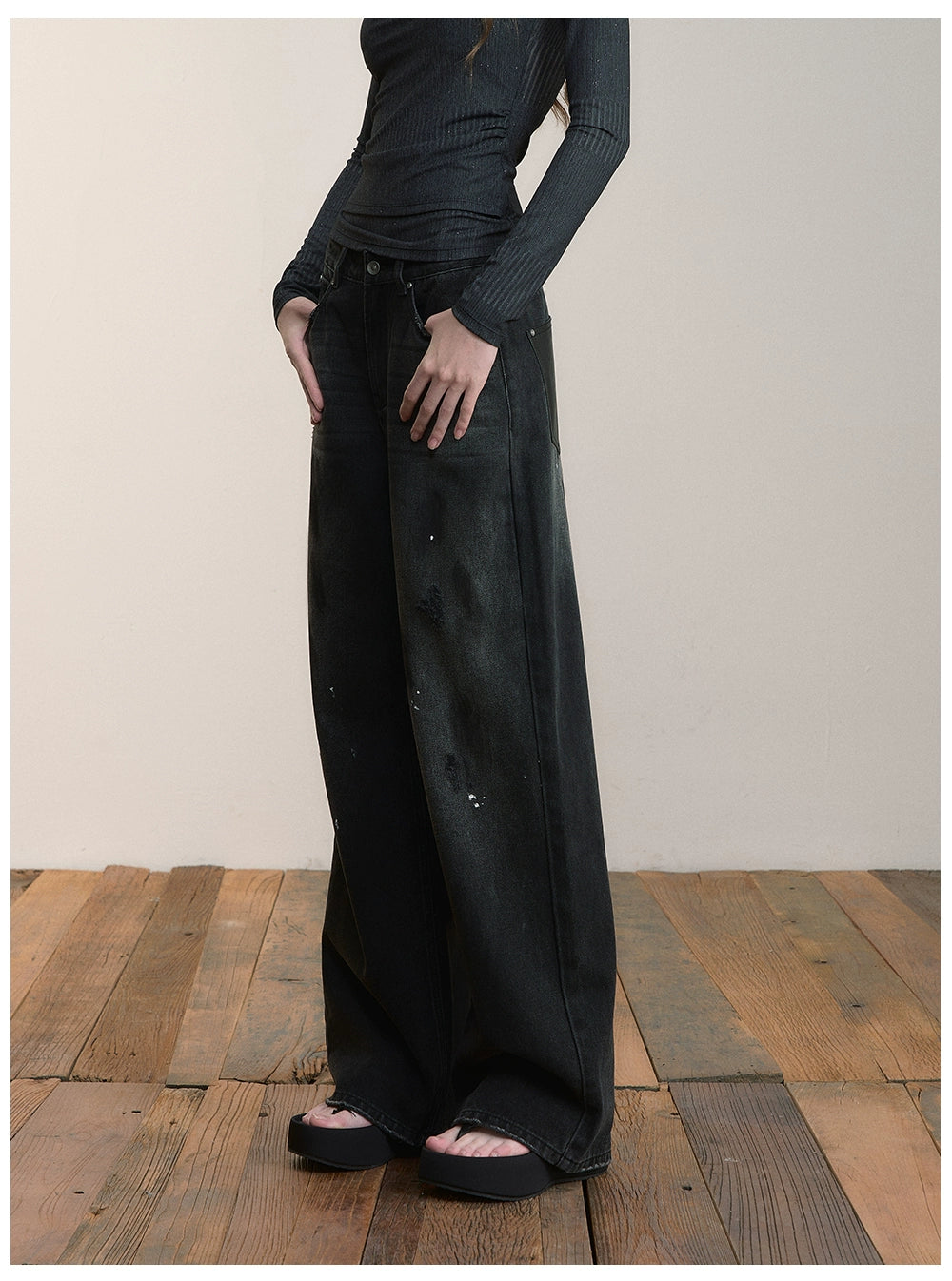 Distressed Wide-Leg Denim Pants