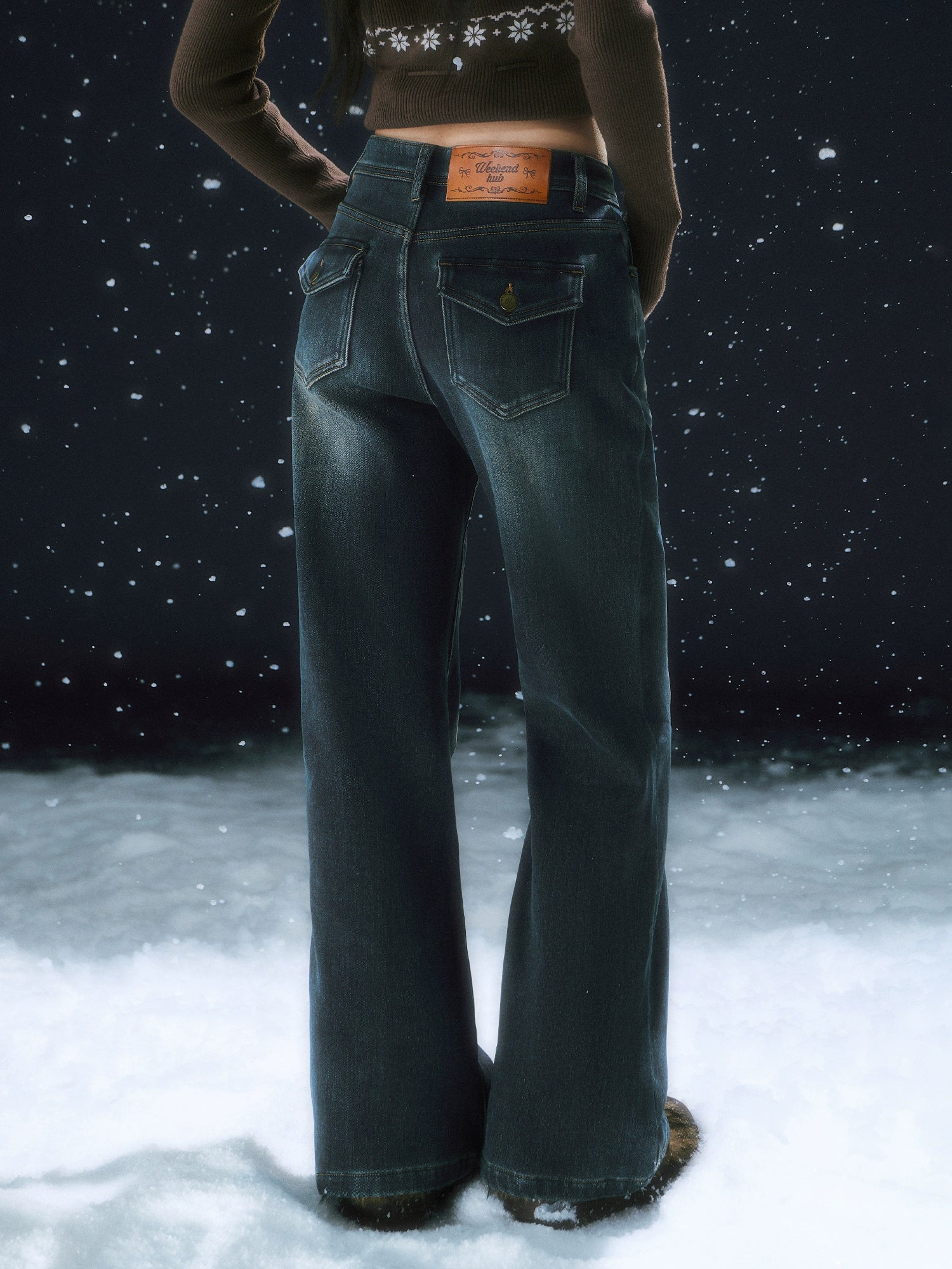 Navy Blue Retro Fleece-lined Flare Pants