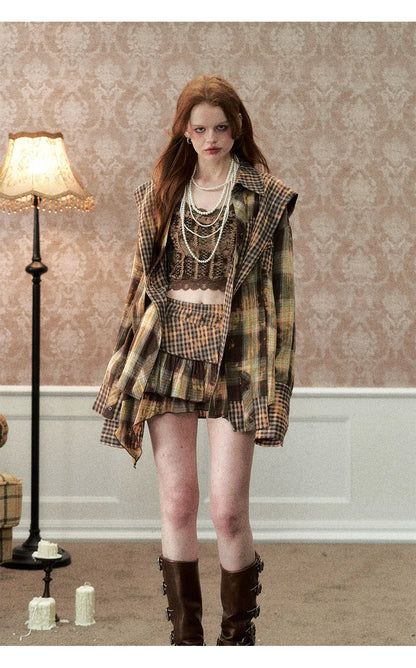Washed Distressed Plaid Shirt &amp; Skirt Set