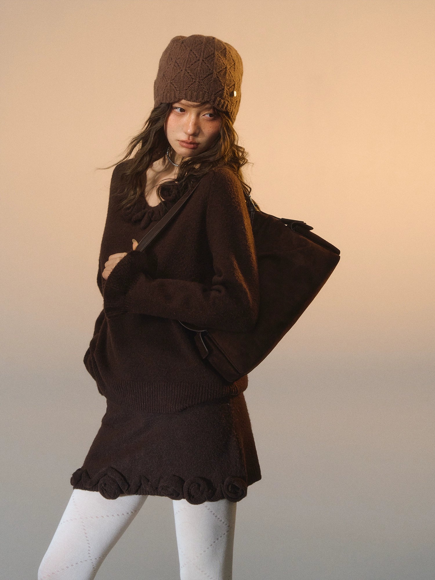 3D Rose V-Neck Knit Set