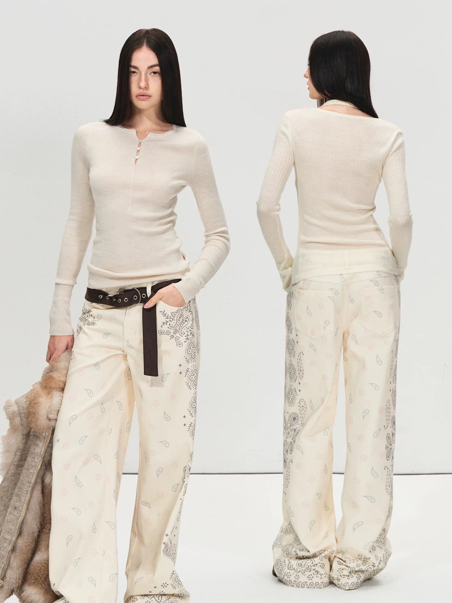 Belted Paisley Wide-Leg Pants