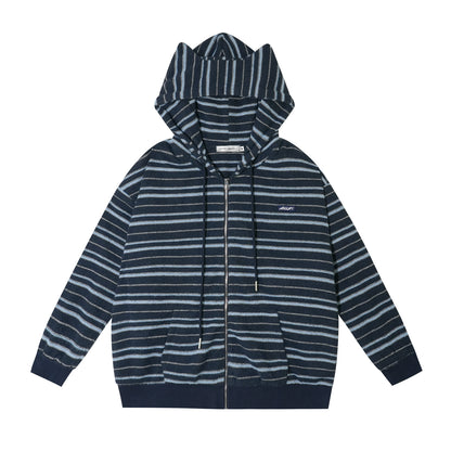 Striped Cat-Ear Hooded Jacket